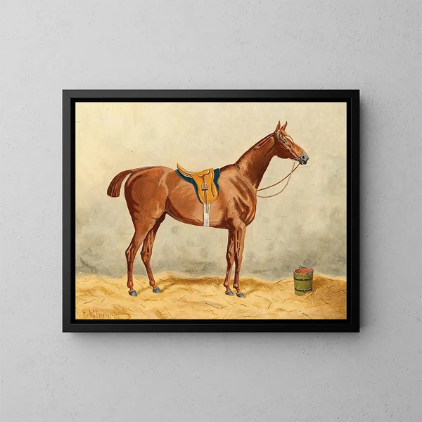 Cavallo sellato nella scuderia - Emil Volkers — quadro incorniciato alla parete