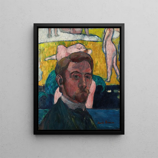 Autoritratto con quadro: Bagnanti, la mucca rossa - Émile Bernard — quadro incorniciato alla parete