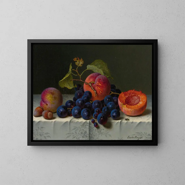Nature morte di pesche, uva e noci su un tavolo - Emilie Preyer — quadro incorniciato alla parete