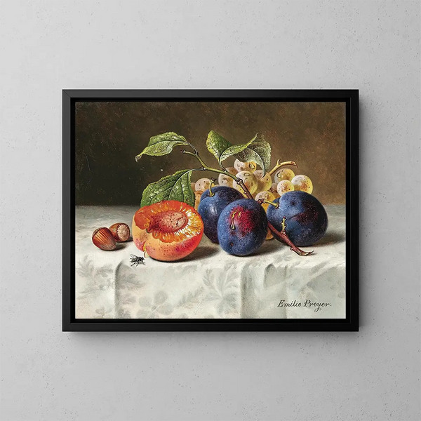 Natura morta con pesche, uva rossa, nocciole e un calabrone - Emilie Preyer — quadro incorniciato alla parete