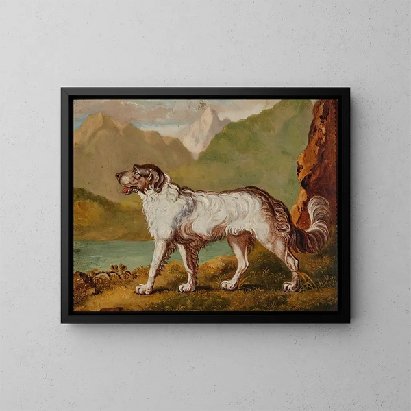 Un cane a pelo lungo vicino a un lago di montagna - Scuola inglese — quadro incorniciato alla parete