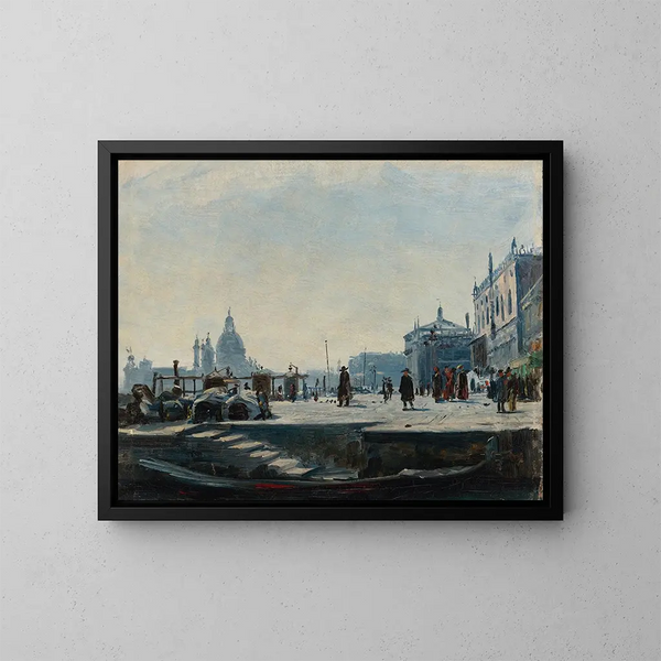 Vista della Riva degli Schiavoni a Venezia, guardando verso ovest verso il Palazzo Ducale e la Punta della Dogana - Ercole Calvi — quadro incorniciato alla parete