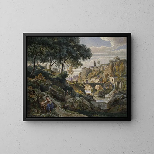 Paesaggio montano italiano con ponte in pietra - Ernst Fries — quadro incorniciato alla parete