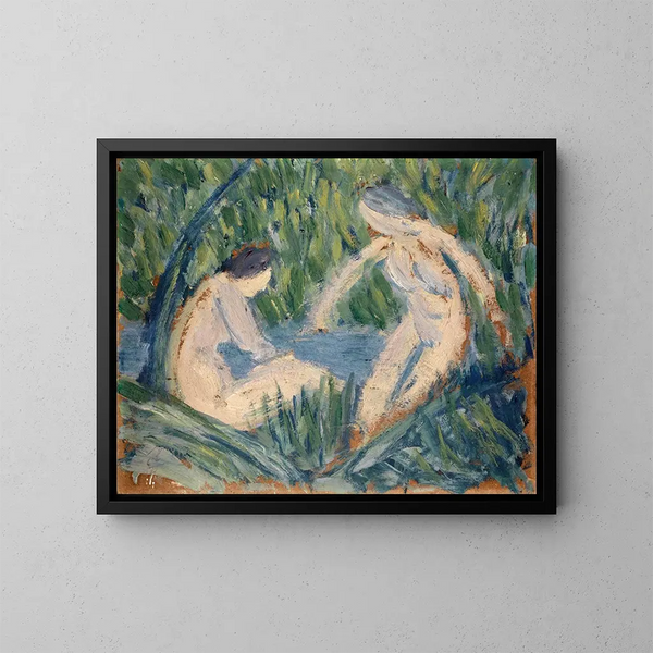 Ragazzo che si bagno in un fiume in foresta - Ernst Schiess — quadro incorniciato alla parete