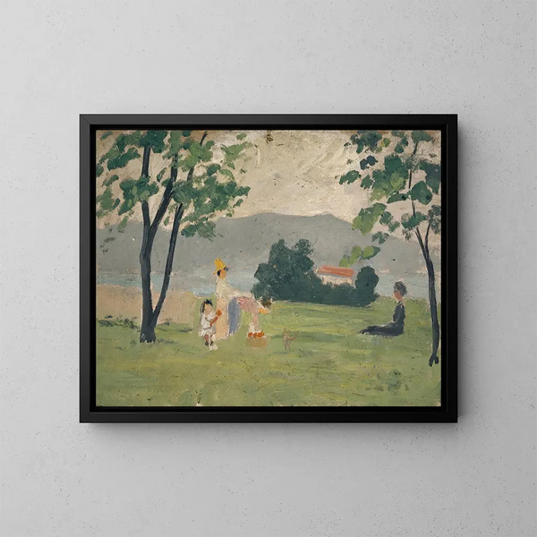 Donne e bambino in un prato - Ernst Schiess — quadro incorniciato alla parete