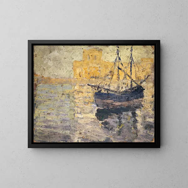 porto con barca a vela - Ernst Schiess — quadro incorniciato alla parete