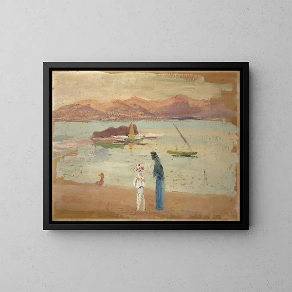 Ragazzo marinaio, piccole barche e braccia di mare - Ernst Schiess — quadro incorniciato alla parete