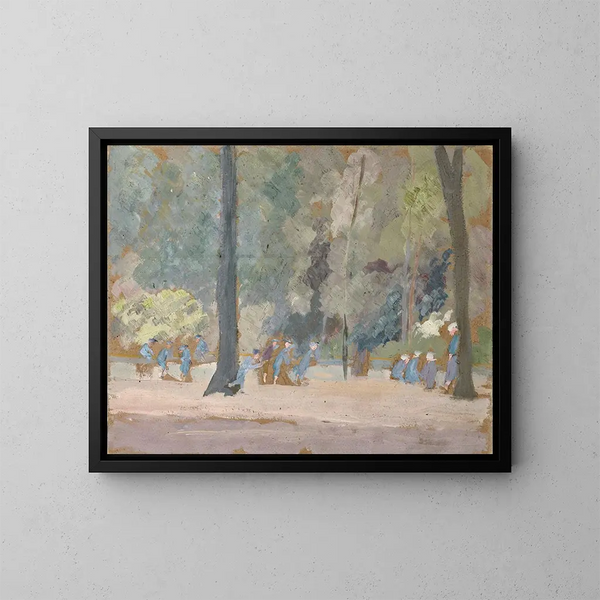 che gioca in un parco pubblico - Ernst Schiess — quadro incorniciato alla parete