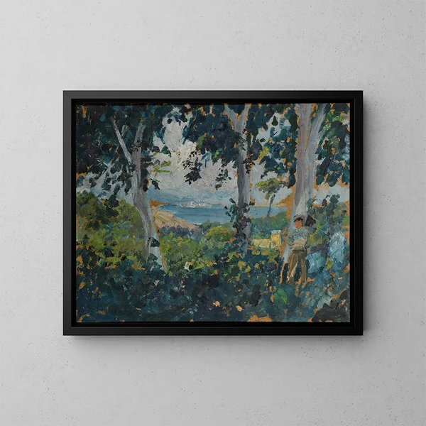 Vista attraverso gli alberi su una baia del sud sul mare - Ernst Schiess — quadro incorniciato alla parete