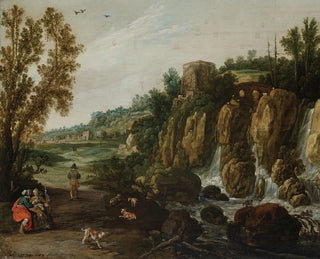 Esaias van de Velde - A rocky landscape with a waterfall and Ruth and Boaz.webp