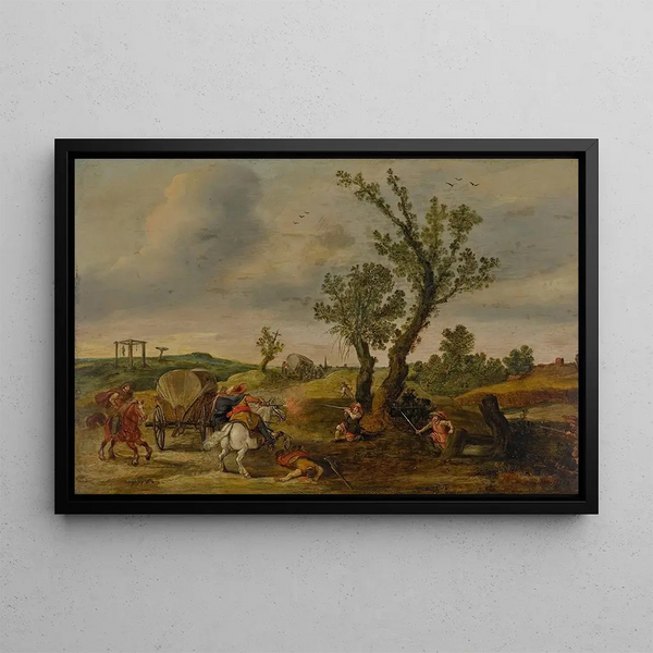 Soldati tendendo un'imboscata a un carro - Esaias van de Velde — quadro incorniciato alla parete