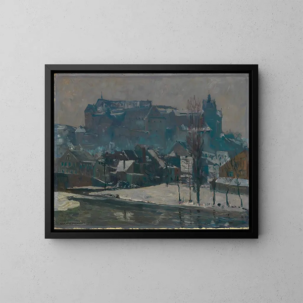 Kolditz sulla Mulde nella neve - Eugen Bracht — quadro incorniciato alla parete