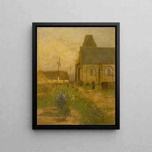 Paesaggio con una chiesa e un cimitero - Eugen Jettel — quadro incorniciato alla parete