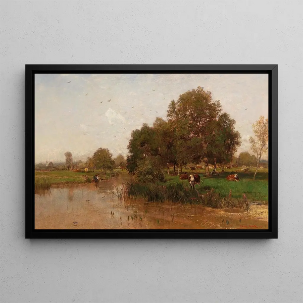 Paesaggio fluviale con mucche al riposo - Eugen Jettel — quadro incorniciato alla parete