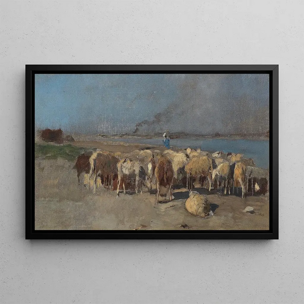 gregge di pecore la sera - Eugen Jettel — quadro incorniciato alla parete