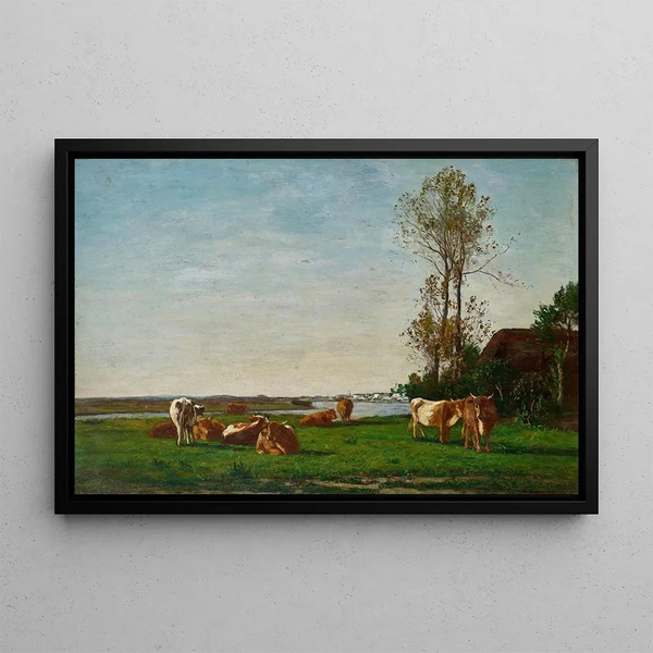 Chaumière e pascolo sulle rive della Touques - Eugène Boudin — quadro incorniciato alla parete