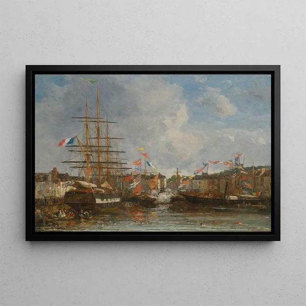 Festa nel bacino di Honfleur - Eugène Boudin — quadro incorniciato alla parete