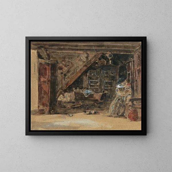 Interno Bretone, acquerello - Eugène Boudin — quadro incorniciato alla parete