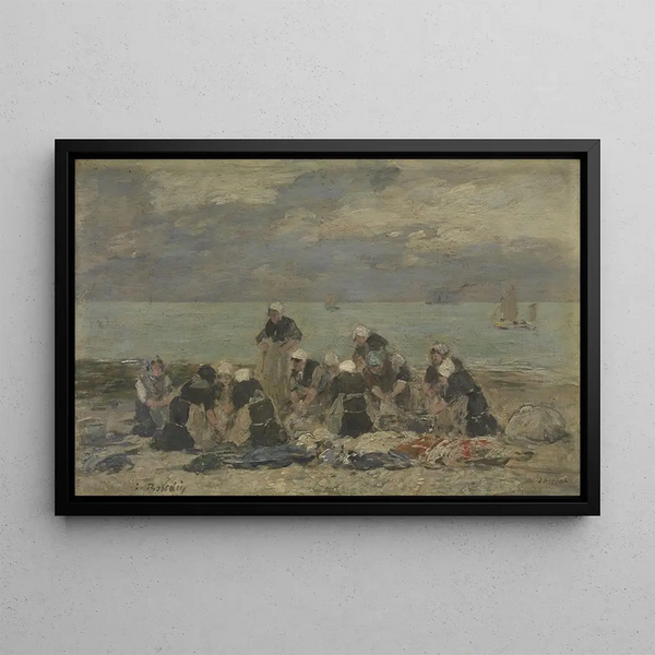 Donne che lavano la biancheria a Étretat - Eugène Boudin — quadro incorniciato alla parete