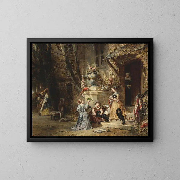 Bambini che giocano con i loro animali domestici preferiti - Eugène Isabey — quadro incorniciato alla parete