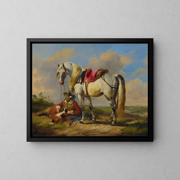 Un cavaliere a riposo - Eugène Joseph Verboeckhoven — quadro incorniciato alla parete