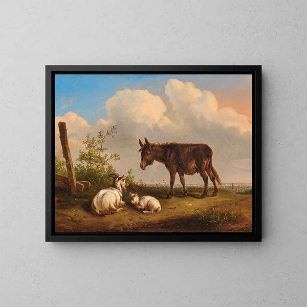 Un asino e delle capre su una strada di campagna - Eugène Joseph Verboeckhoven — quadro incorniciato alla parete