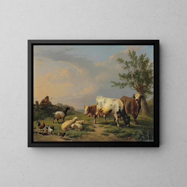 Un contadino con tre mucche, tre pecore, una capra e cinque polli in un paesaggio - Eugène Joseph Verboeckhoven — quadro incorniciato alla parete