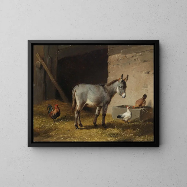 Asino e galline nella stalla - Eugène Joseph Verboeckhoven — quadro incorniciato alla parete