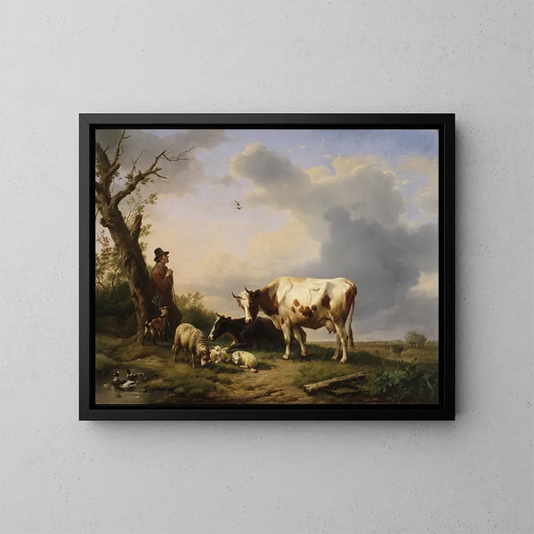 Paesaggio con animali - Eugène Joseph Verboeckhoven — quadro incorniciato alla parete