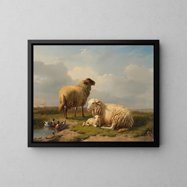 Pecore, agnelli e anatre vicino a uno stagno - Eugène Joseph Verboeckhoven — quadro incorniciato alla parete