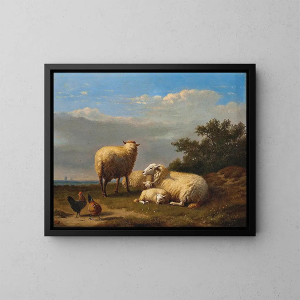 Pecore e pollame al pascolo - Eugène Joseph Verboeckhoven — quadro incorniciato alla parete