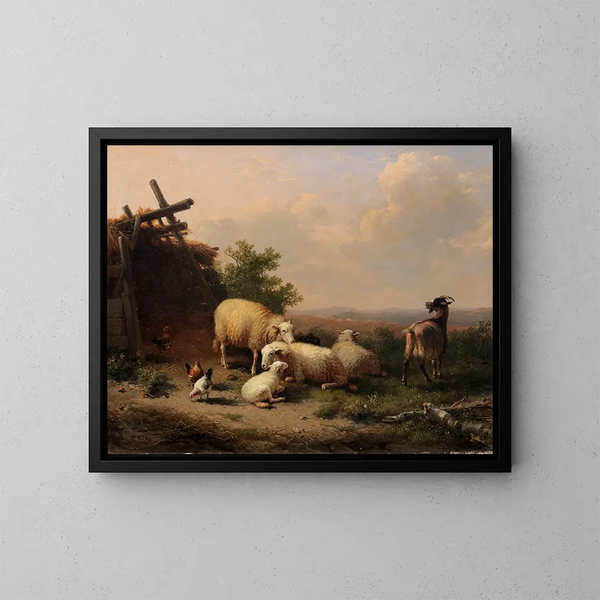 Pecore, capre e pollame vicino a un riparo in un paesaggio collinare - Eugène Joseph Verboeckhoven — quadro incorniciato alla parete
