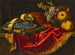 Una mandolina con un libro di musica su un cuscino blu e oro con frutta su un davanzale parzialmente drappeggiato - Francesco Fieravino — vista dell’opera