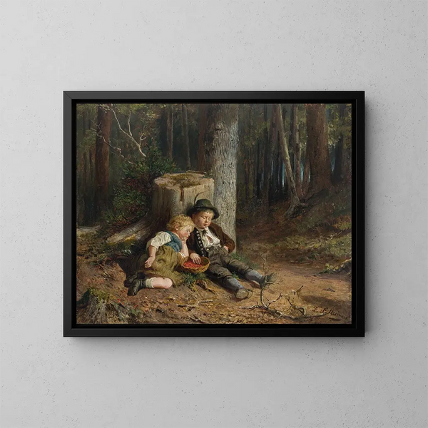 Bambini che raccolgono bacche addormentati nella foresta - Felix Schlesinger — quadro incorniciato alla parete