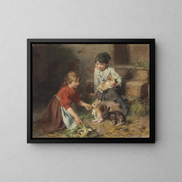 Nourrissage des lapins - Felix Schlesinger — quadro incorniciato alla parete