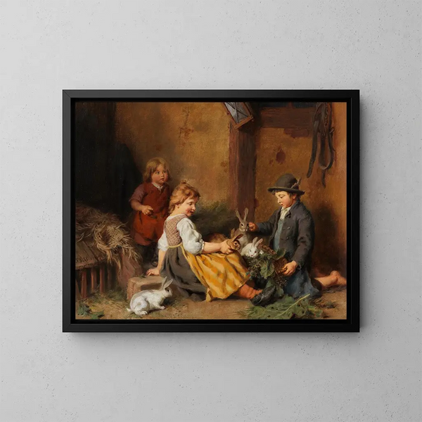 Bambini con conigli nell'ovile - Felix Schlesinger — quadro incorniciato alla parete