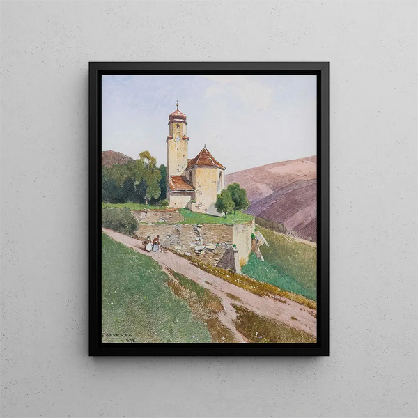 Paesaggio estivo ondulato con cappella e personaggi - Ferdinand Brunner — quadro incorniciato alla parete