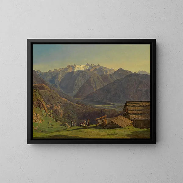 Vista del Dachstein con il lago Hallstätter dal Hütteneckalpe vicino a Ischl - Ferdinand Georg Waldmüller — quadro incorniciato alla parete