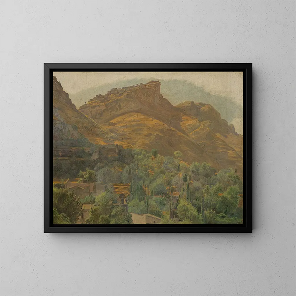 Vista sulla città di montagna di Mola vicino a Taormina - Ferdinand Georg Waldmüller — quadro incorniciato alla parete
