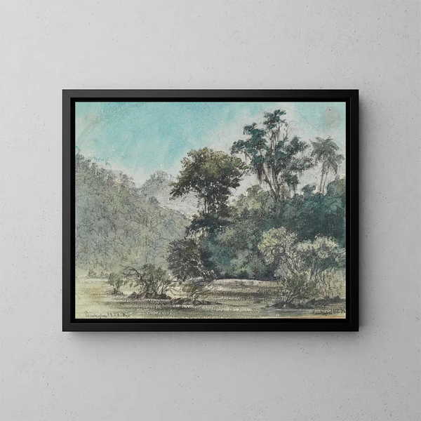 Vista sulla sponda boschiva del fiume - Ferdinand Keller — quadro incorniciato alla parete