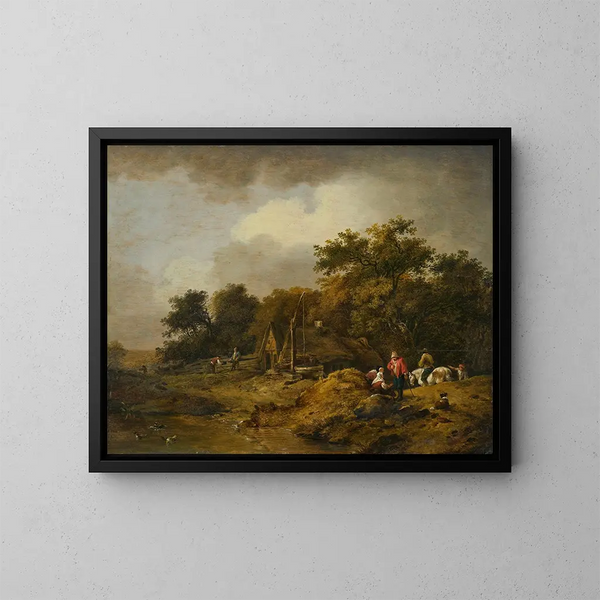 Paesaggio con una capanna e un pozzo - Ferdinand Kobell — quadro incorniciato alla parete
