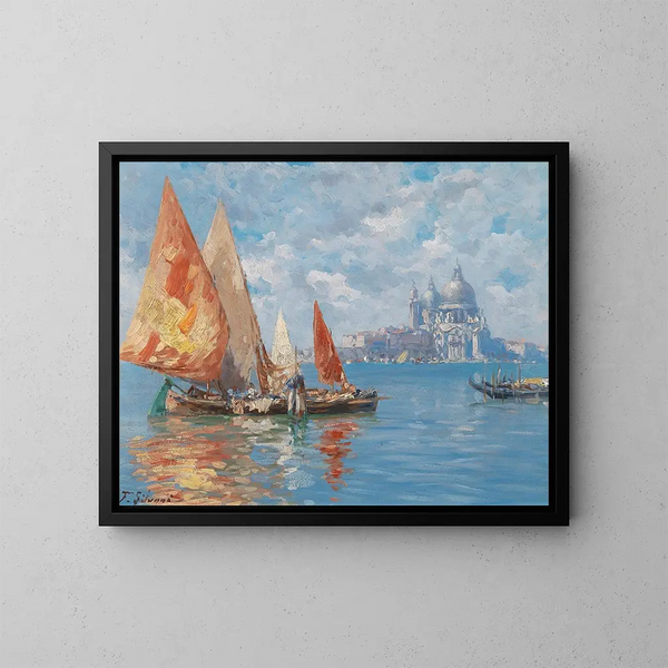 Bateaux da pesca a Venezia davanti a Santa Maria della Salute - Ferdinando Silvani — quadro incorniciato alla parete