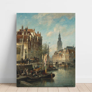 Figures et bateaux sur un canal d'Amsterdam avec la Zuiderkerk en arrière-plan - Cornelis Christiaan Dommelshuizen | Reproduction Tableau Décoration murale affiche copie