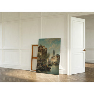 Figures et bateaux sur un canal d'Amsterdam avec la Zuiderkerk en arrière-plan - Cornelis Christiaan Dommelshuizen | Reproduction Tableau Décoration murale affiche copie