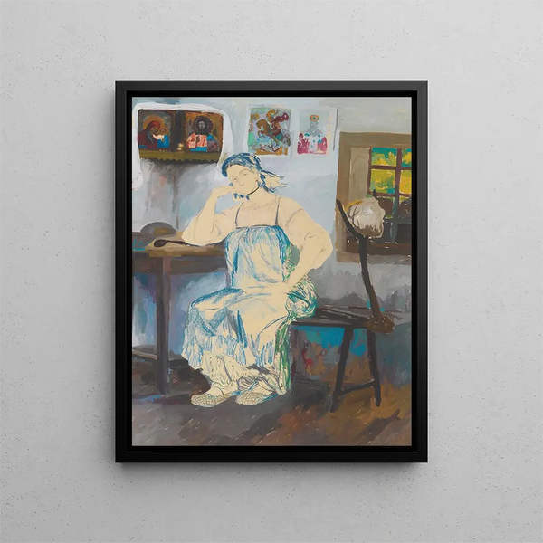 Donna seduta in un interno - Filipp Malyavin — quadro incorniciato alla parete