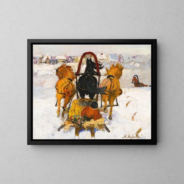 Troïka nella neve - Filipp Malyavin — quadro incorniciato alla parete