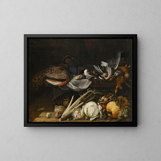 Flemish School - A Still Life Of Song Birds A Peacock And Rabbits On A Ledge With A Pumpkin A Cabbage A Cauliflower Celery Mushrooms And Grapes.webp