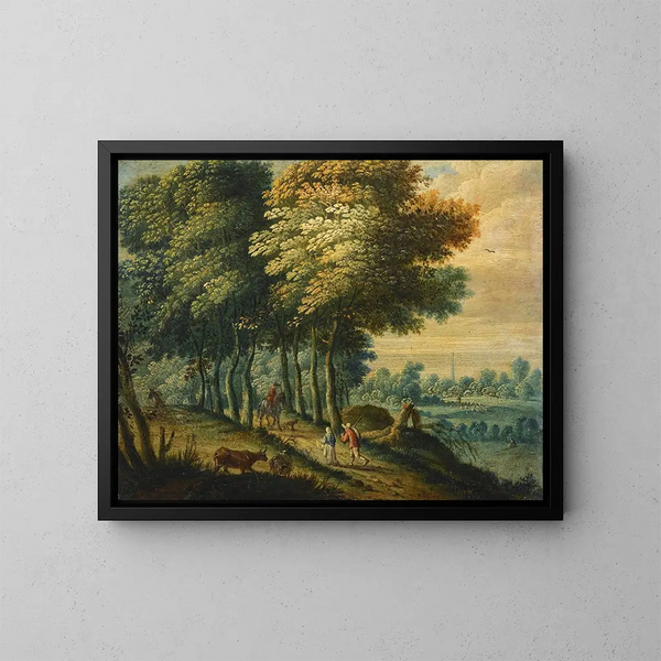 Paesaggio boscoso con figure - Scuola fiamminga — quadro incorniciato alla parete