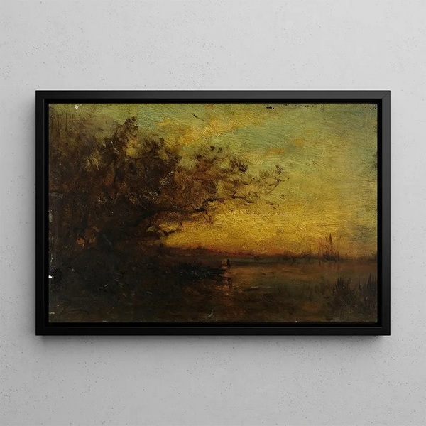 Piano d'acqua al tramonto con due studi sul retro - Félix Ziem — quadro incorniciato alla parete