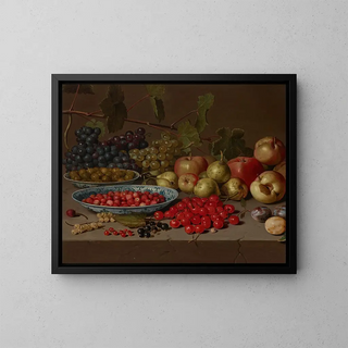 Floris van Schooten - Plates of cherries and wild strawberries with grapes apples pears plums and other fruits on a stone ledge.webp